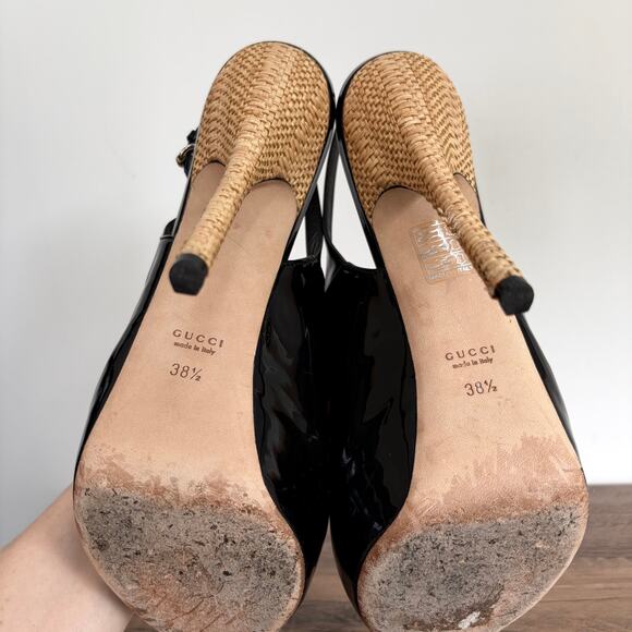 GUCCI Patent Leather Slingback Heels Sz 8.5 / EU 38.5 Black Peep Toe Classic Box - Picture 7 of 11